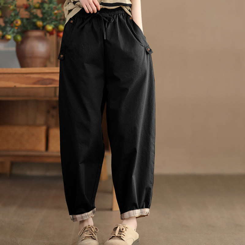 Buddha Stones Casual Plain Patched Cuff Design Women's Cotton Harem Cropped Pants With Pockets