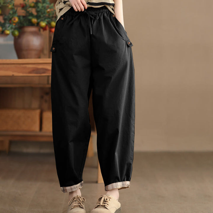Buddha Stones Casual Plain Patched Cuff Design Women's Cotton Harem Cropped Pants With Pockets