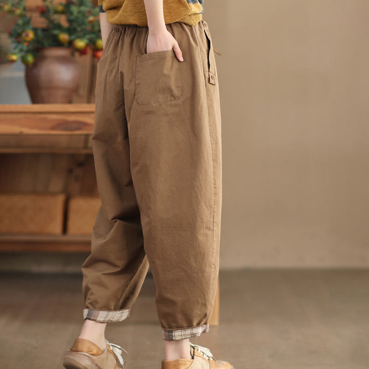 Buddha Stones Casual Plain Patched Cuff Design Women's Cotton Harem Cropped Pants With Pockets