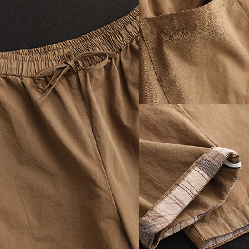 Buddha Stones Casual Plain Patched Cuff Design Women's Cotton Harem Cropped Pants With Pockets