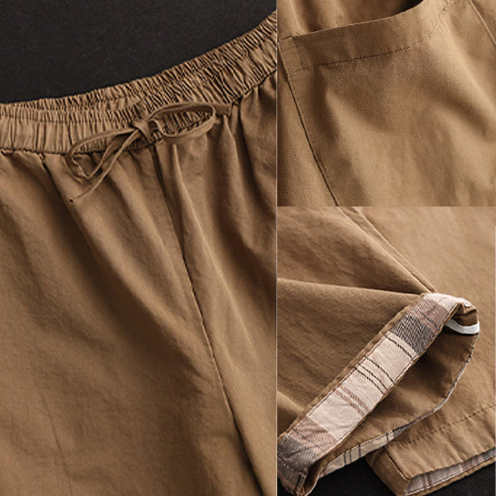 Buddha Stones Casual Plain Patched Cuff Design Women's Cotton Harem Cropped Pants With Pockets