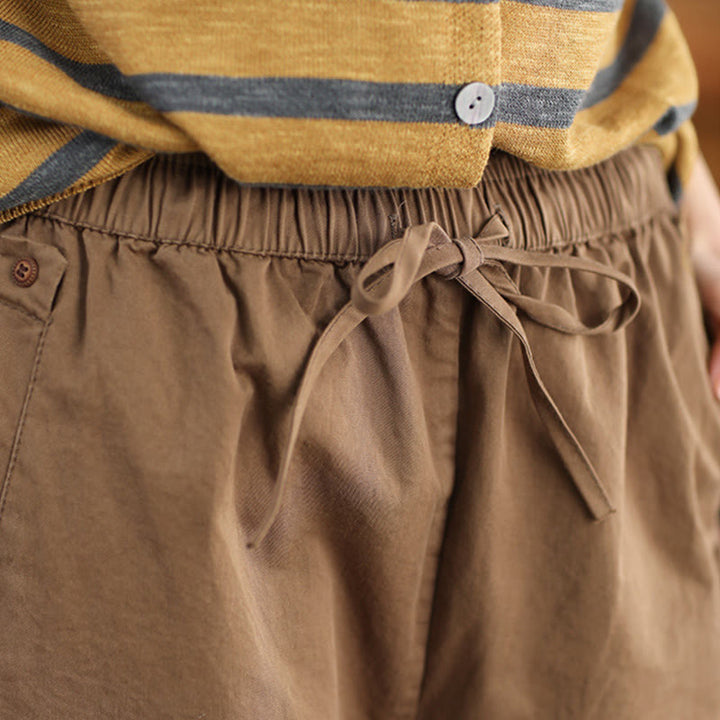 Buddha Stones Casual Plain Patched Cuff Design Women's Cotton Harem Cropped Pants With Pockets - image 2