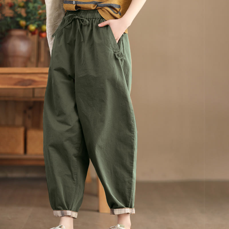 Buddha Stones Casual Plain Patched Cuff Design Women's Cotton Harem Cropped Pants With Pockets