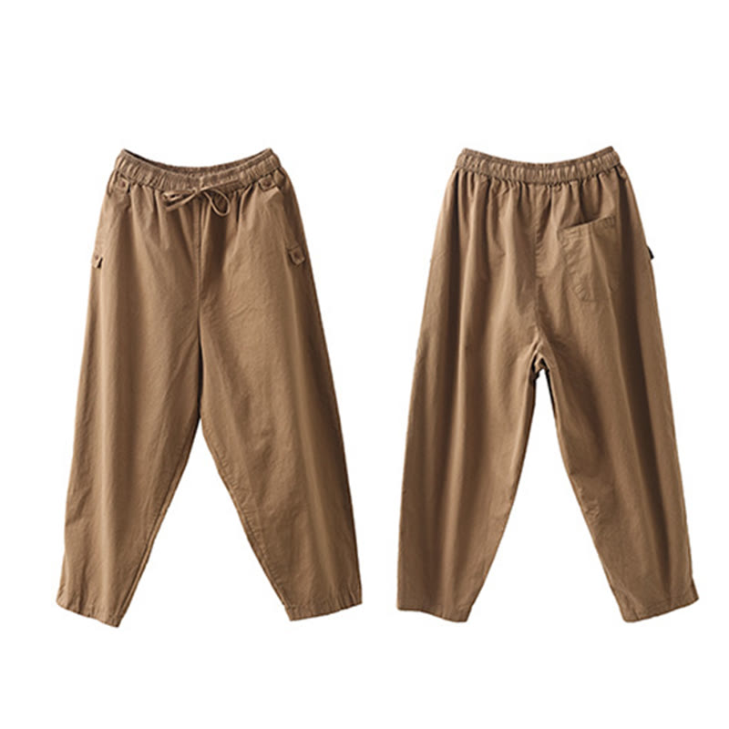 Buddha Stones Casual Plain Patched Cuff Design Women's Cotton Harem Cropped Pants With Pockets