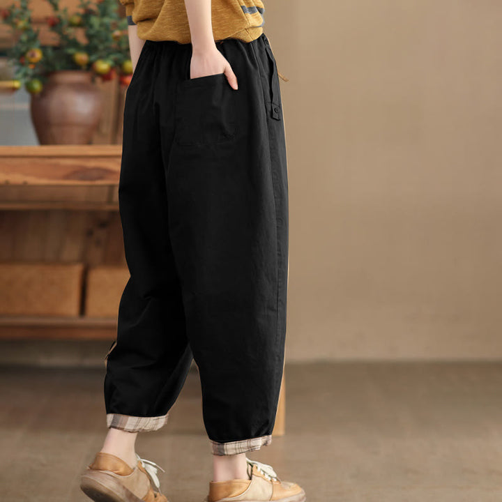 Buddha Stones Casual Plain Patched Cuff Design Women's Cotton Harem Cropped Pants With Pockets