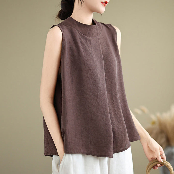 Buddha Stones Casual Plain Back Buttom Design Stand Collar Cotton Linen Women's Sleeveless Vest - image 1