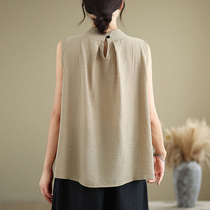 Buddha Stones Casual Plain Back Buttom Design Stand Collar Cotton Linen Women's Sleeveless Vest - image 16