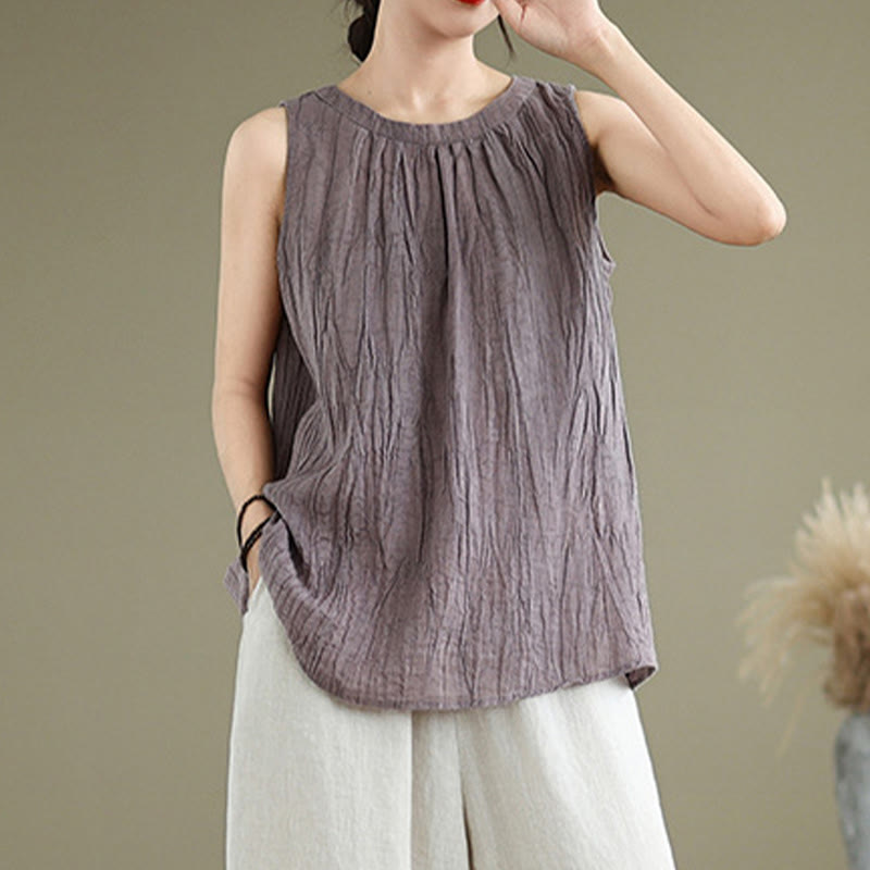 Buddha Stones Summer Wrinkles Simple Design Crew Neck Cotton Linen Women's Sleeveless Vest Waistcoat - image 24