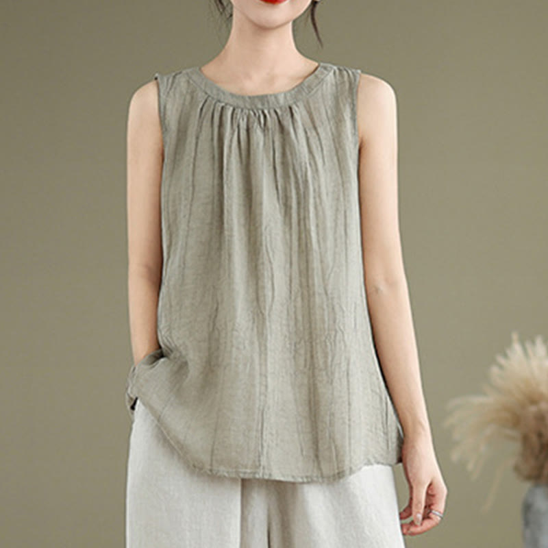 Buddha Stones Summer Wrinkles Simple Design Crew Neck Cotton Linen Women's Sleeveless Vest Waistcoat - image 1