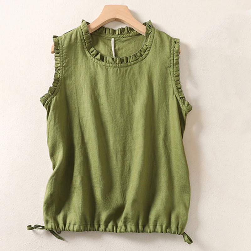 Buddha Stones Summer Ruffled Design Drawstring Crew Neck Cotton Linen Women's Sleeveless Vest - image 13