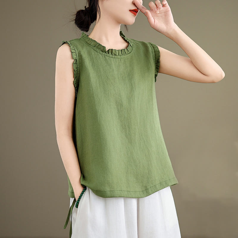Buddha Stones Summer Ruffled Design Drawstring Crew Neck Cotton Linen Women's Sleeveless Vest - image 4