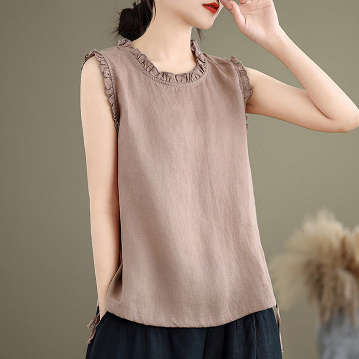 Buddha Stones Summer Ruffled Design Drawstring Crew Neck Cotton Linen Women's Sleeveless Vest - image 17