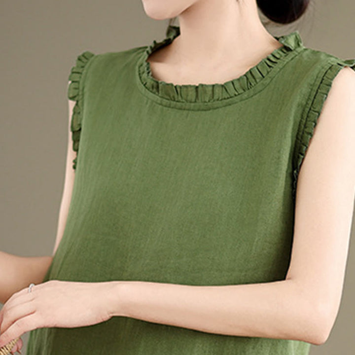 Buddha Stones Summer Ruffled Design Drawstring Crew Neck Cotton Linen Women's Sleeveless Vest - image 5