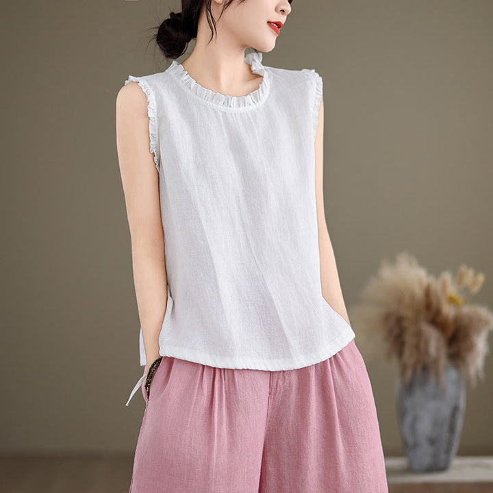 Buddha Stones Summer Ruffled Design Drawstring Crew Neck Cotton Linen Women's Sleeveless Vest - White - US8-10，UK/AU12-14，EU40-42 (2XL) - image 20