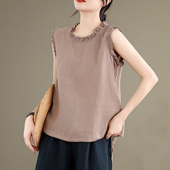 Buddha Stones Summer Ruffled Design Drawstring Crew Neck Cotton Linen Women's Sleeveless Vest - image 15