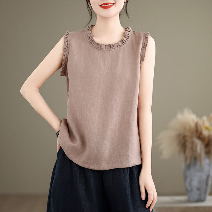 Buddha Stones Summer Ruffled Design Drawstring Crew Neck Cotton Linen Women's Sleeveless Vest - Thistle - US8-10，UK/AU12-14，EU40-42 (2XL) - image 14