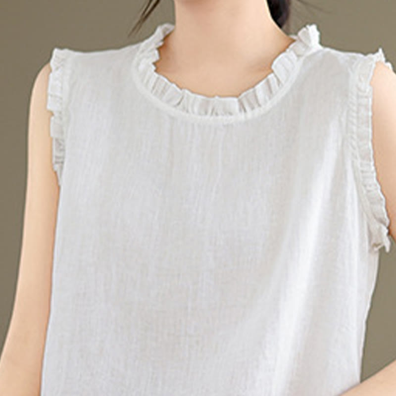 Buddha Stones Summer Ruffled Design Drawstring Crew Neck Cotton Linen Women's Sleeveless Vest - image 26
