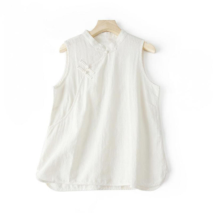 Buddha Stones Summer Frog-button Slanted Design Stand Collar Women's Cotton Linen Vest Waistcoat
