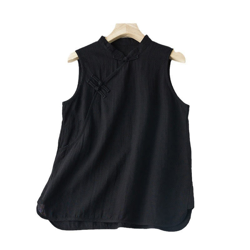 Buddha Stones Summer Frog-button Slanted Design Stand Collar Women's Cotton Linen Vest Waistcoat