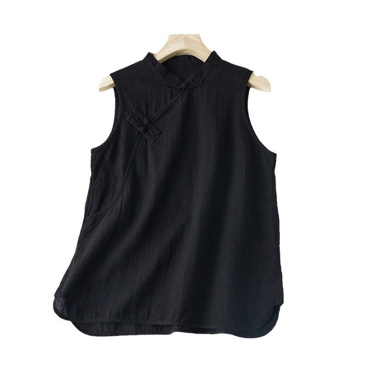 Buddha Stones Summer Frog-button Slanted Design Stand Collar Women's Cotton Linen Vest Waistcoat