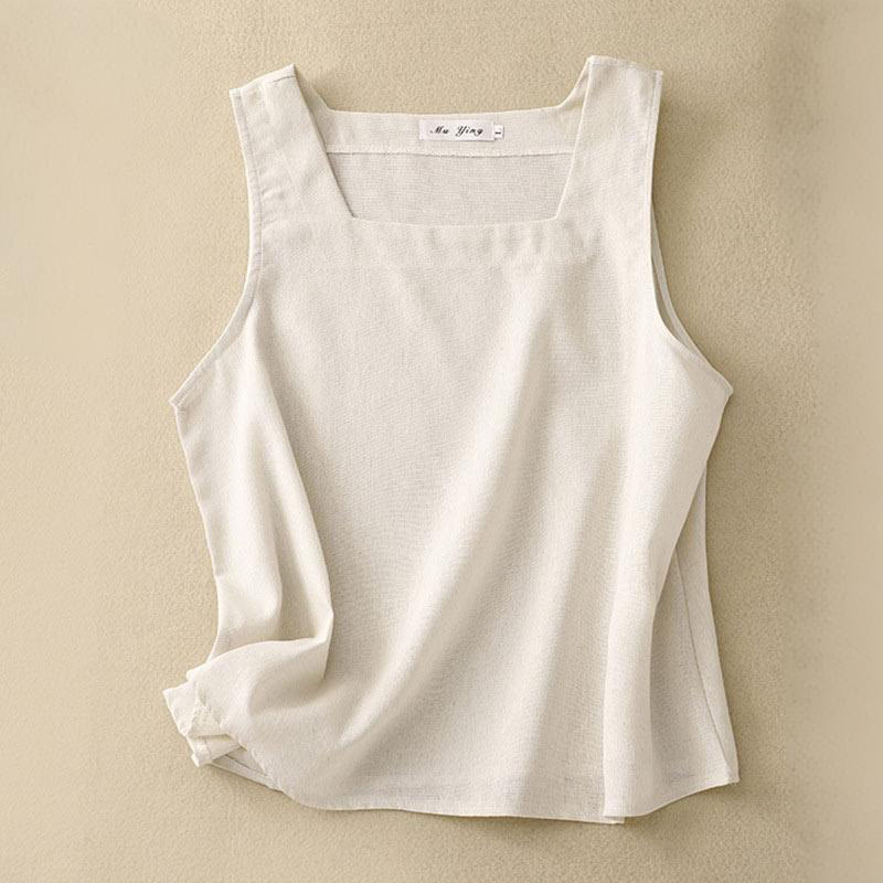 Buddha Stones Summer Square Collar Women's Cotton Linen Sleeveless Vest - Beige - US8-10，UK/AU12-14，EU40-42 (2XL) - image 4