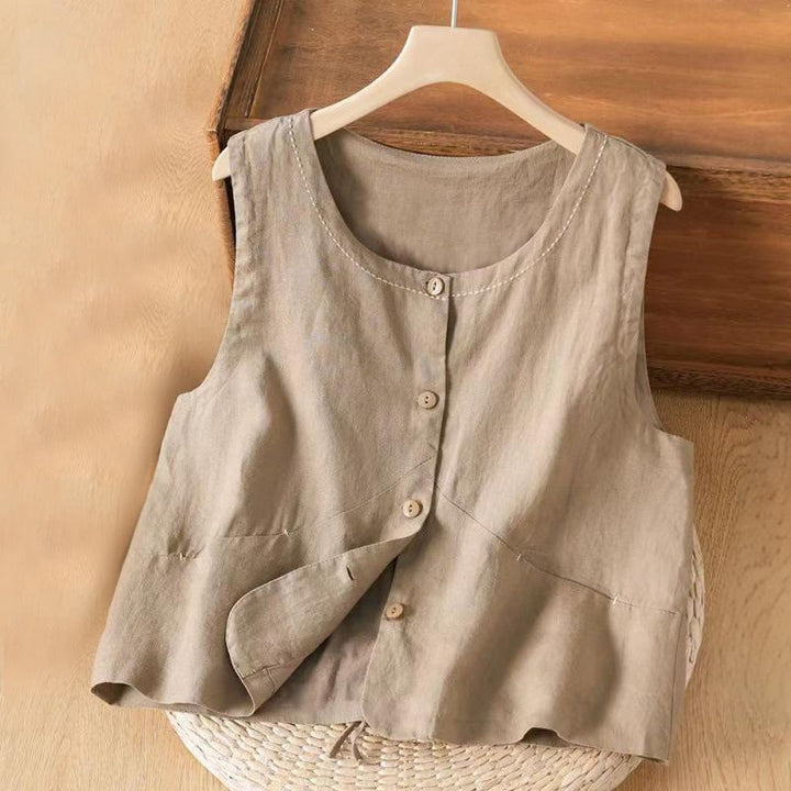 Buddha Stones Single Breasted Sleeveless Design Cotton Linen Women's Vest WIth Pockets - BurlyWood - US8-10，UK/AU12-14，EU40-42 (2XL) - image 0