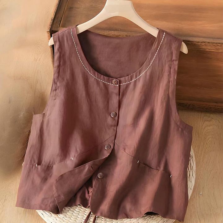 Buddha Stones Single Breasted Sleeveless Design Cotton Linen Women's Vest WIth Pockets - Brown - US8-10，UK/AU12-14，EU40-42 (2XL) - image 3