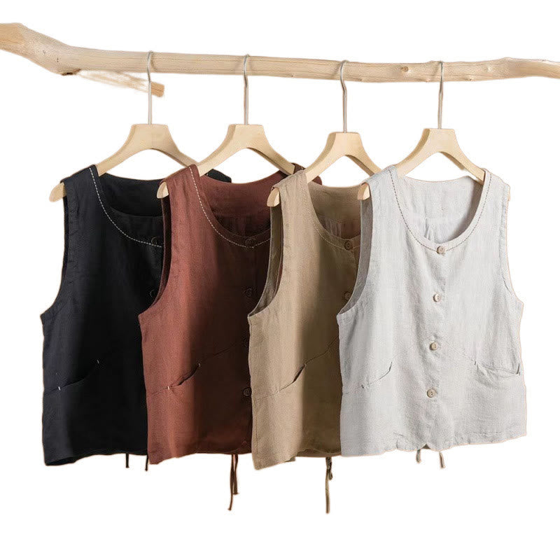 Buddha Stones Single Breasted Sleeveless Design Cotton Linen Women's Vest WIth Pockets - image 5