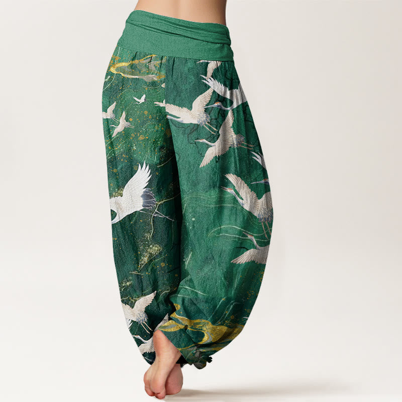 Buddha Stones Cotton Flying White Cranes Auspicious Clouds Design Women's Elastic Waist Harem Pants - image 1