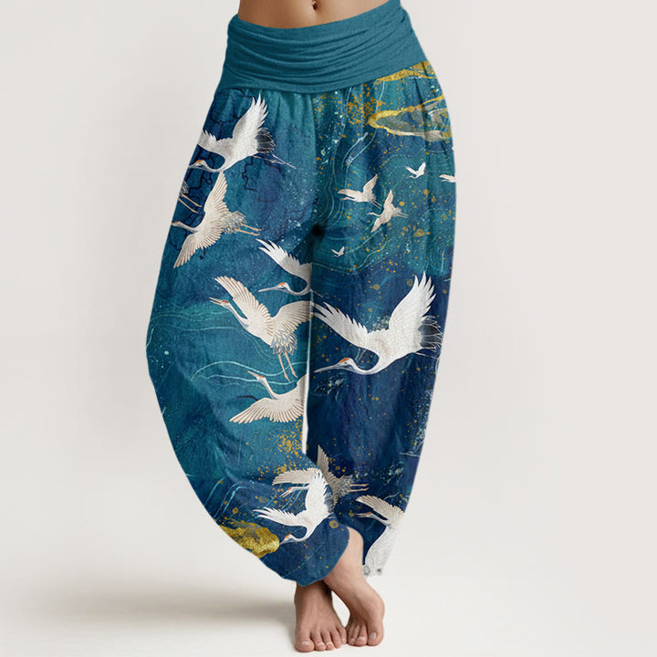 Buddha Stones Flying White Cranes Auspicious Clouds Design Women's Elastic Waist Harem Pants - DarkCyan - US22，UK/AU26，EU54 (6XL) - image 5