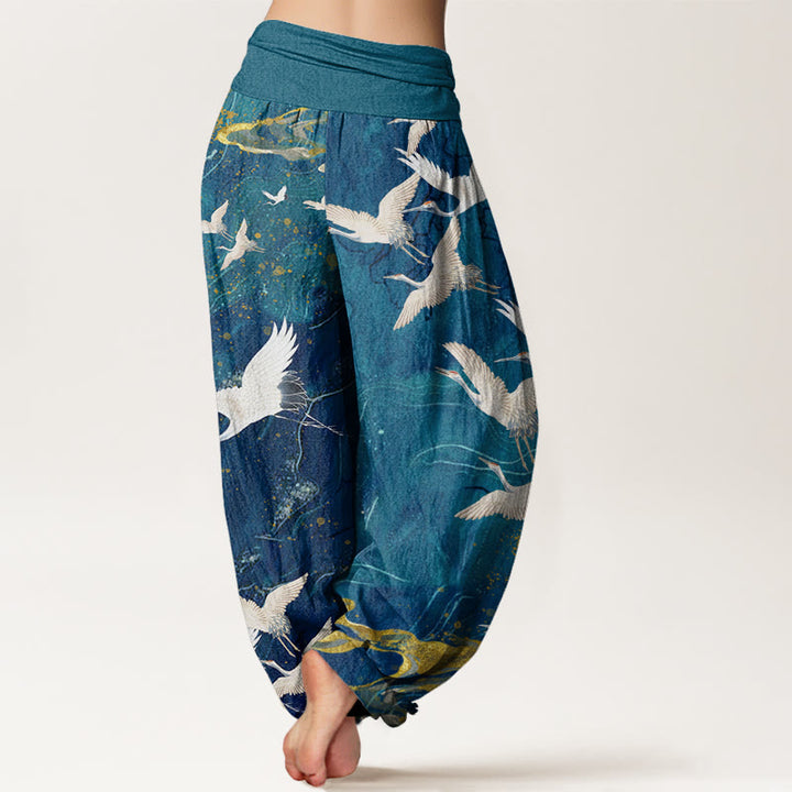 Buddha Stones Cotton Flying White Cranes Auspicious Clouds Design Women's Elastic Waist Harem Pants - image 5