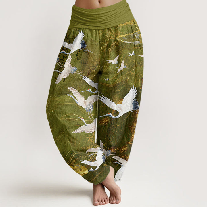 Buddha Stones Flying White Cranes Auspicious Clouds Design Women's Elastic Waist Harem Pants - YellowGreen - US22，UK/AU26，EU54 (6XL) - image 8