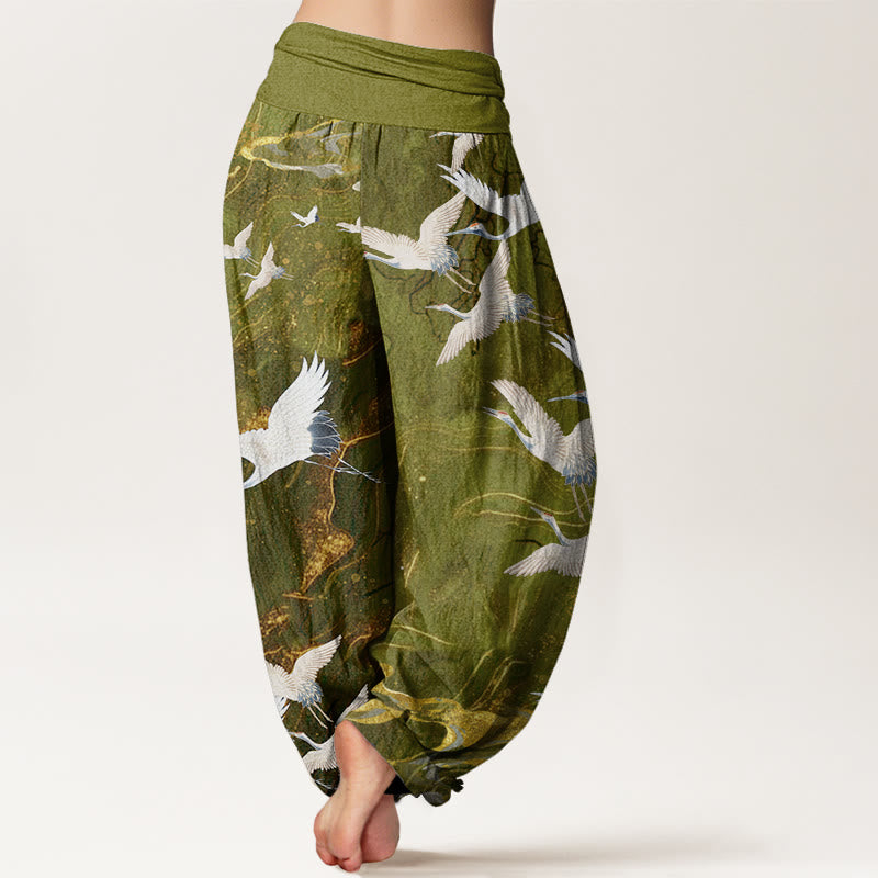 Buddha Stones Flying White Cranes Auspicious Clouds Design Women's Elastic Waist Harem Pants - image 9