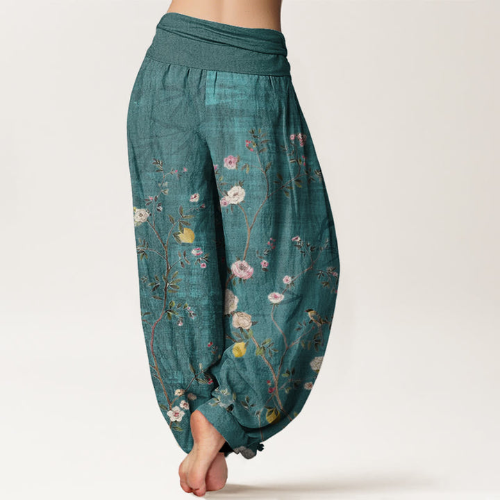 Buddha Stones Pink White Flowers Bamboo Leaves Fruits Design Women's Elastic Waist Harem Pants - image 2