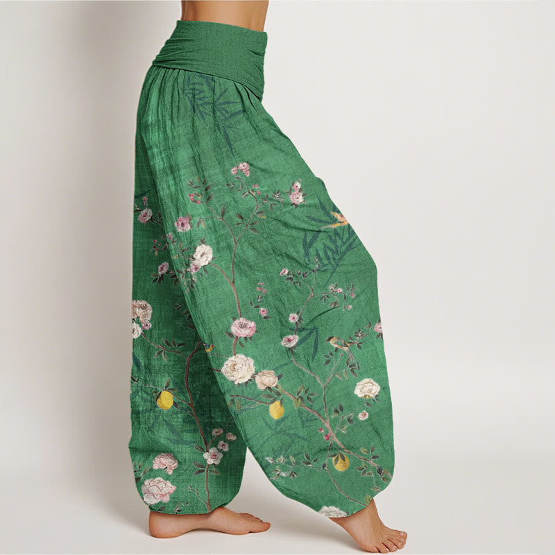 Buddha Stones Pink White Flowers Bamboo Leaves Fruits Design Women's Elastic Waist Harem Pants - image 7