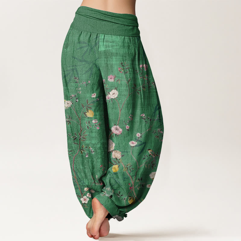Buddha Stones Cotton Pink White Flowers Bamboo Leaves Fruits Design Women's Elastic Waist Harem Pants - image 5