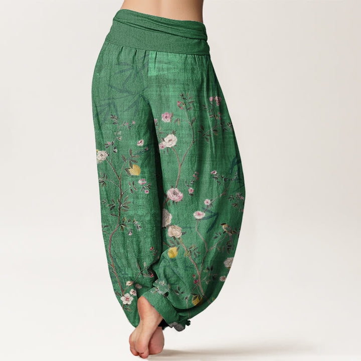Buddha Stones Cotton Pink White Flowers Bamboo Leaves Fruits Design Women's Elastic Waist Harem Pants - image 5