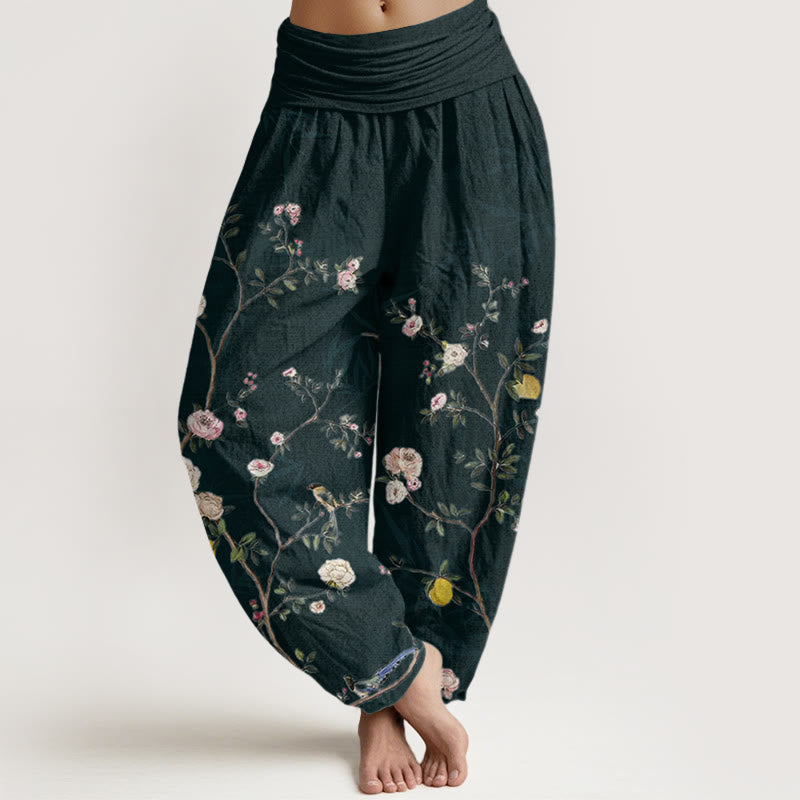 Buddha Stones Cotton Pink White Flowers Bamboo Leaves Fruits Design Women's Elastic Waist Harem Pants - Black - US22，UK/AU26，EU54 (6XL) - image 7