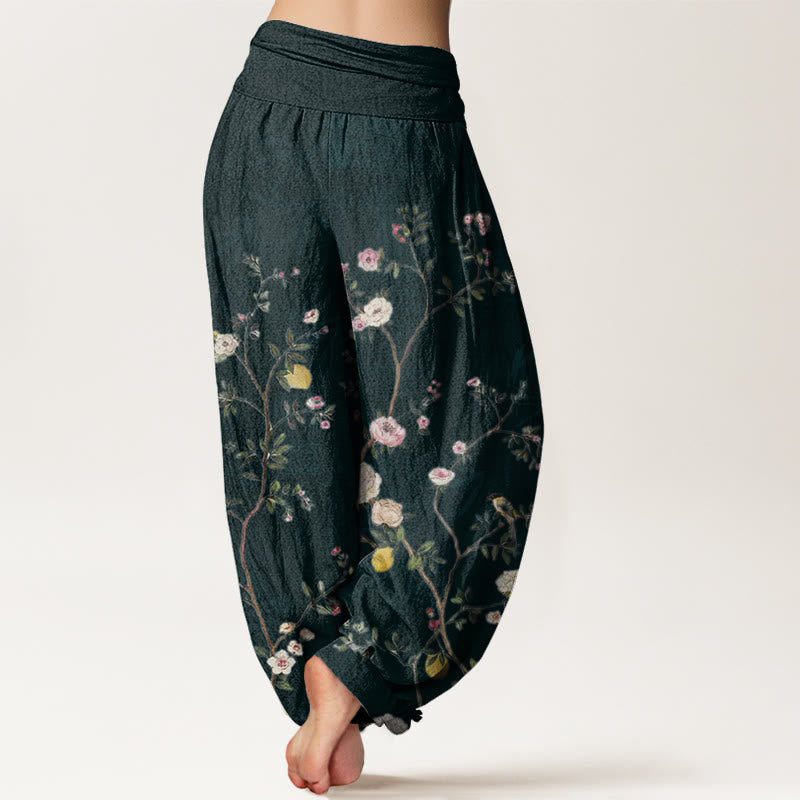 Buddha Stones Pink White Flowers Bamboo Leaves Fruits Design Women's Elastic Waist Harem Pants - image 9