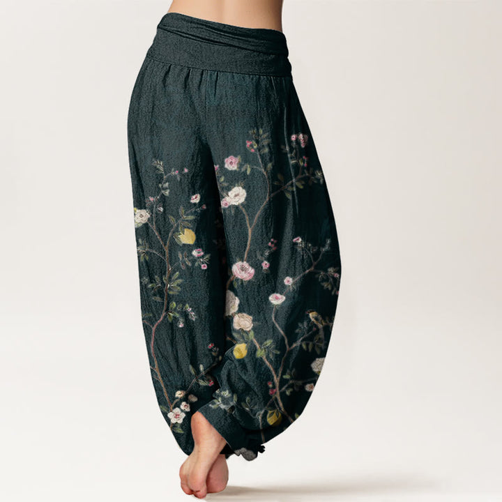 Buddha Stones Pink White Flowers Bamboo Leaves Fruits Design Women's Elastic Waist Harem Pants - image 9