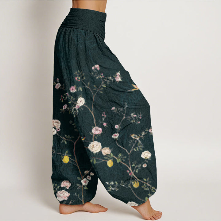 Buddha Stones Cotton Pink White Flowers Bamboo Leaves Fruits Design Women's Elastic Waist Harem Pants - image 9