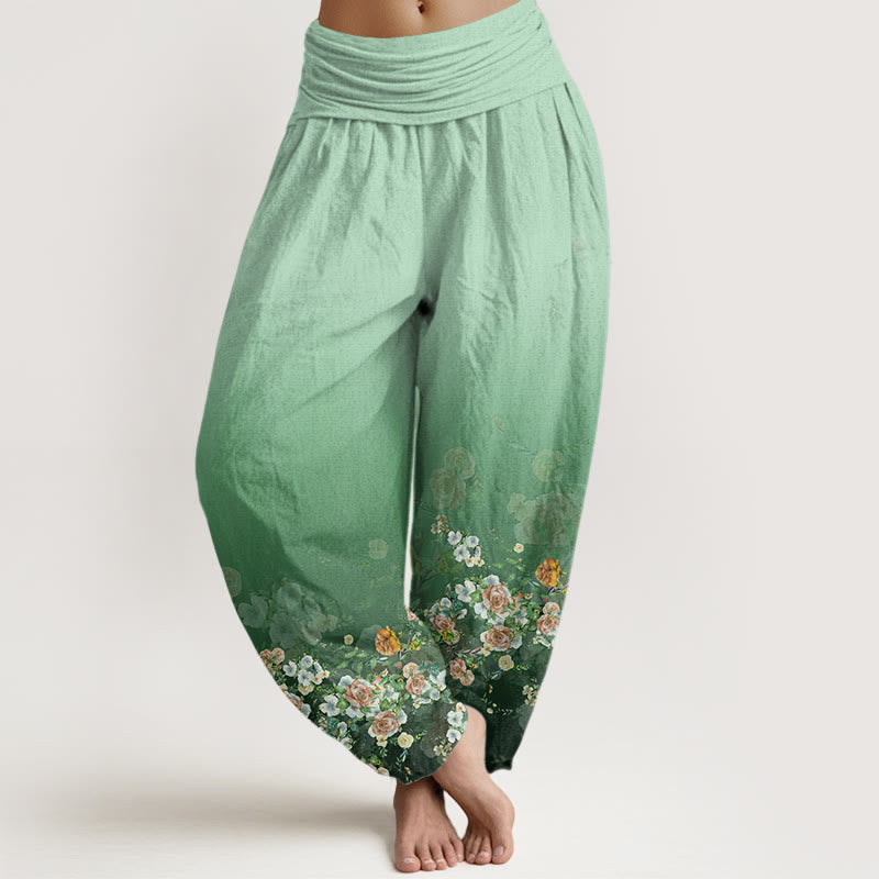 Buddha Stones Colorful Rose Flowers Design Women's Elastic Waist Harem Pants - Aquamarine - US22，UK/AU26，EU54 (6XL) - image 1