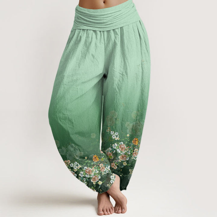 Buddha Stones Colorful Rose Flowers Design Women's Elastic Waist Harem Pants - Aquamarine - US22，UK/AU26，EU54 (6XL) - image 1
