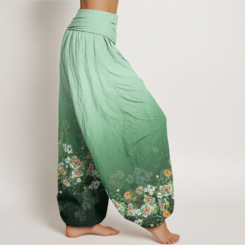 Buddha Stones Cotton Colorful Rose Flowers Design Women's Elastic Waist Harem Pants - image 2