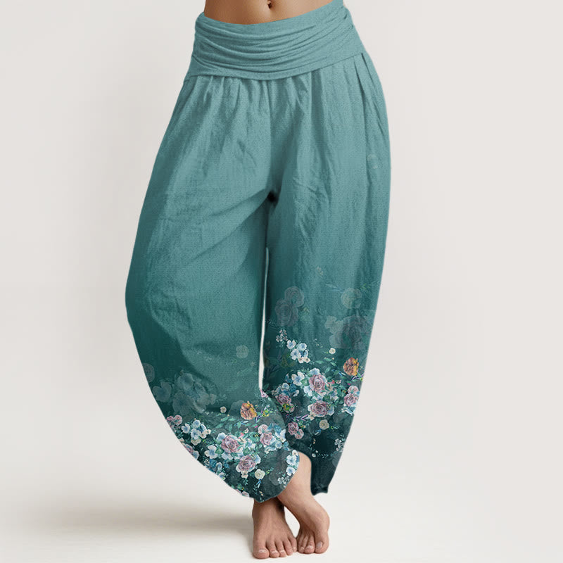 Buddha Stones Colorful Rose Flowers Design Women's Elastic Waist Harem Pants - MediumTurquoise - US22，UK/AU26，EU54 (6XL) - image 8