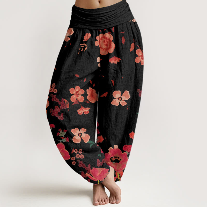 Buddha Stones Red Flowers Common Poppy Design Women's Elastic Waist Harem Pants - Black - US22，UK/AU26，EU54 (6XL) - image 1