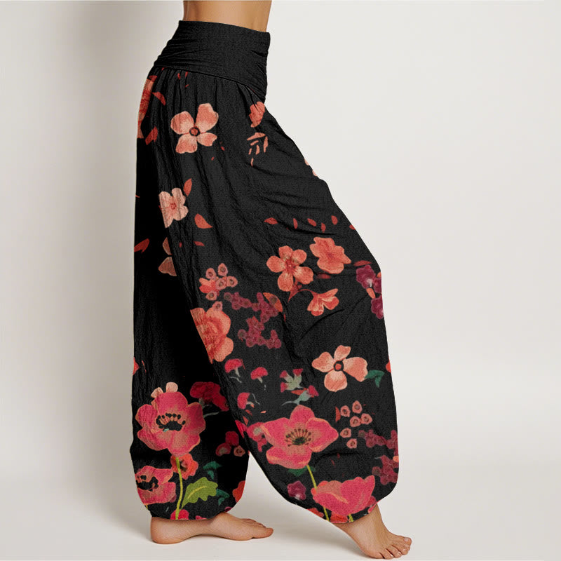 Buddha Stones Cotton Red Flowers Common Poppy Design Women's Elastic Waist Harem Pants - image 2