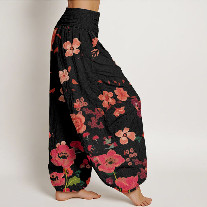 Buddha Stones Cotton Red Flowers Common Poppy Design Women's Elastic Waist Harem Pants - image 2