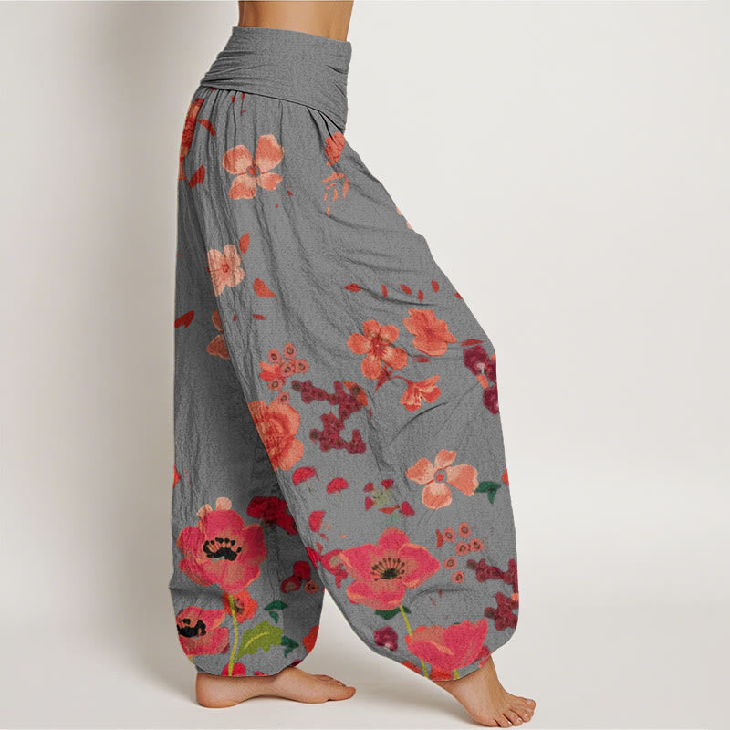 Buddha Stones Cotton Red Flowers Common Poppy Design Women's Elastic Waist Harem Pants - image 6