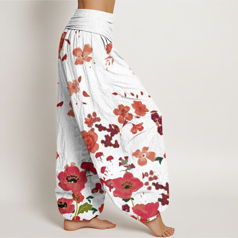 Buddha Stones Cotton Red Flowers Common Poppy Design Women's Elastic Waist Harem Pants - image 9